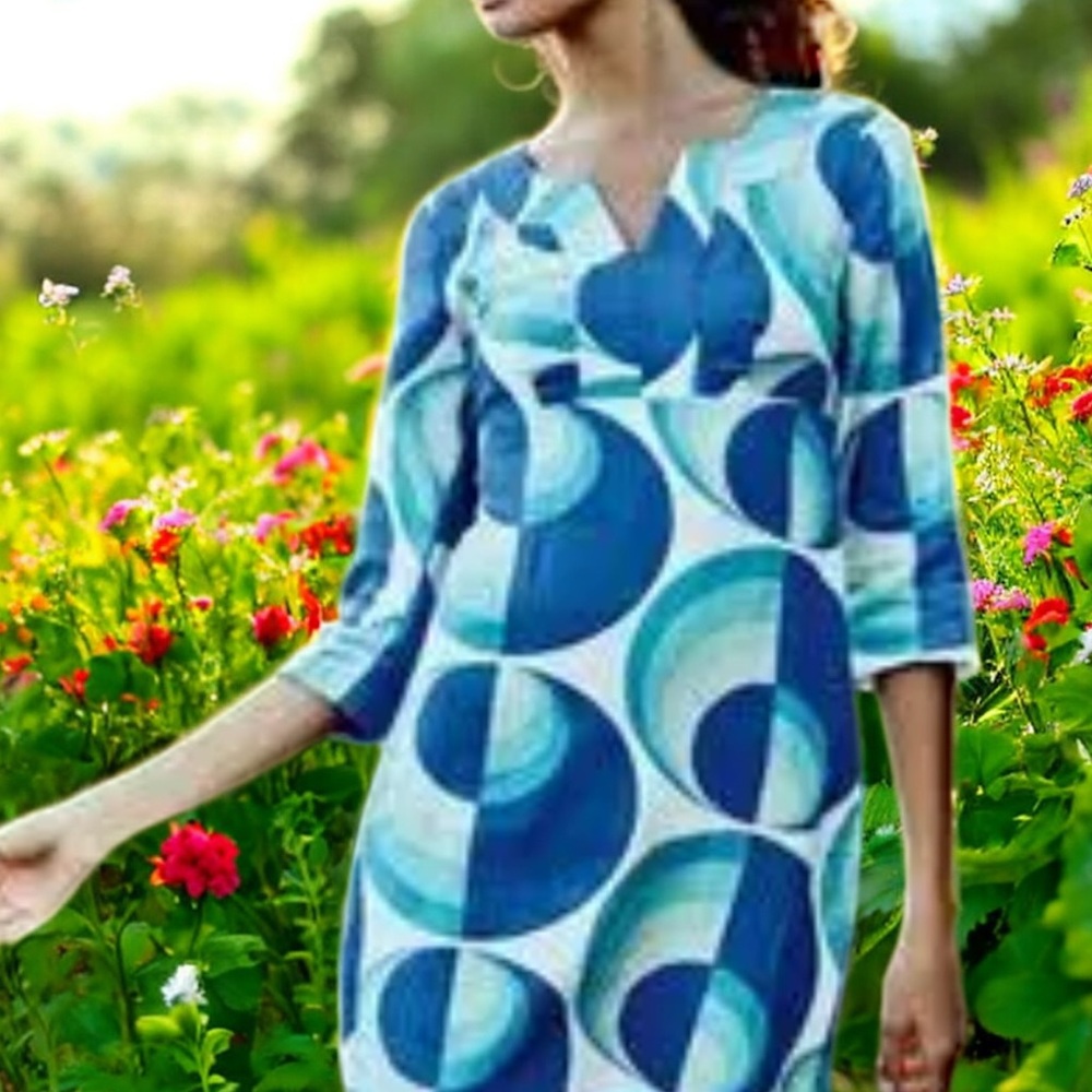 Boden Blue and White Patterned linen Dress size 2